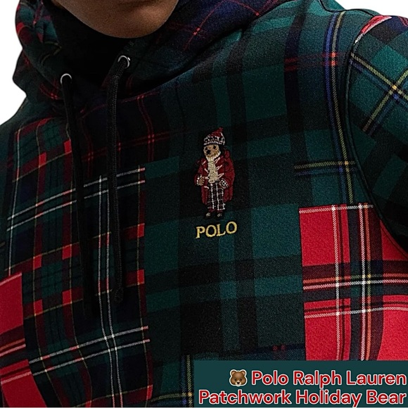 Polo by Ralph Lauren Multicolor Patchwork Hi-Pile Fleece Hoodie Holiday Bear MD - Picture 4 of 16
